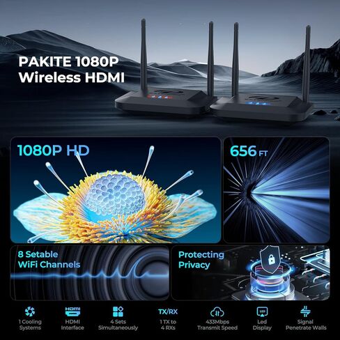 جهاز إرسال واستقبال HDMI لاسلكي 4K فك تشفير 1080P 60HZ، 656 قدم، حلقة HDMI، تمديد الأشعة تحت الحمراء، أنظمة تبريد مزدوجة، 8 قنوات، 1 TX إلى 3 RXS، البث من STB، الكمبيوتر الشخصي، CCTV إلى التلفزيون، جهاز العرض، الشاشة in Kuwait