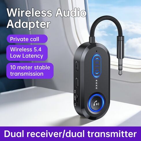 جهاز استقبال إرسال بلوتوث 5.4 لسماعتي AirPods/سماعات الرأس، محول صوت بلوتوث 2 في 1 للتلفزيون، السفر بالطائرة، محول AUX لاسلكي 3.5 مم لستريو السيارة/المنزل in Kuwait