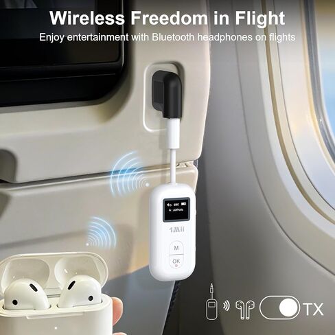 1Mii SafeFly Pro - محول بلوتوث للطائرة لسماعات AirPods أو سماعات الرأس اللاسلكية، مستقبل إرسال بلوتوث AUX 3.5 مم مع شاشة، رابط مزدوج لرحلة السفر، التلفزيون، جهاز المشي، ستيريو السيارة/المنزل in Kuwait