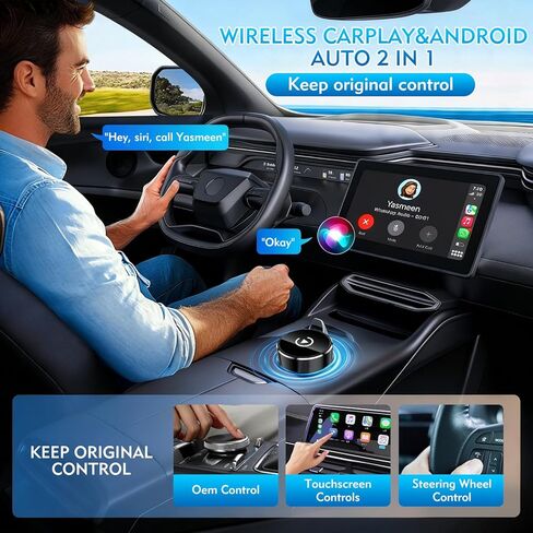 محول CarPlay اللاسلكي، 2 في 1 Mini CarPlay ومحول Android Auto اللاسلكي، التوصيل والتشغيل، الاتصال التلقائي، ملحقات السيارة، دونجل تشغيل السيارة متوافق مع iPhone وAndroid in Kuwait