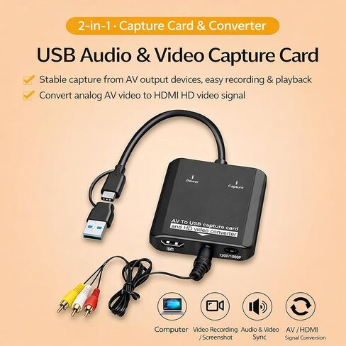 محول VHS إلى رقمي، 2 في 1 RCA إلى HDMI وبطاقة التقاط فيديو USB، شاشة تناظرية من AV إلى HDMI وتسجيل USB لكاميرات الفيديو AV RCA VCR Hi8 DVD والمزيد in Kuwait