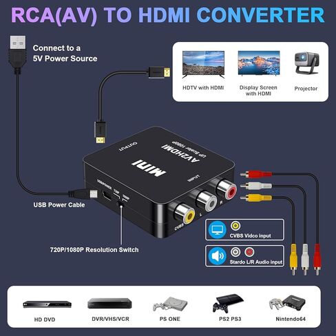 محول Vanjua RCA إلى HDMI، محول AV إلى HDMI، 1080P Mini RCA Composite CVBS محول صوت فيديو يدعم PAL/NTSC لمشغلات DVD TV/PC/PS2/PS3/STB/Xbox VHS/VCR/Blue-Ray in Saudi Arabia