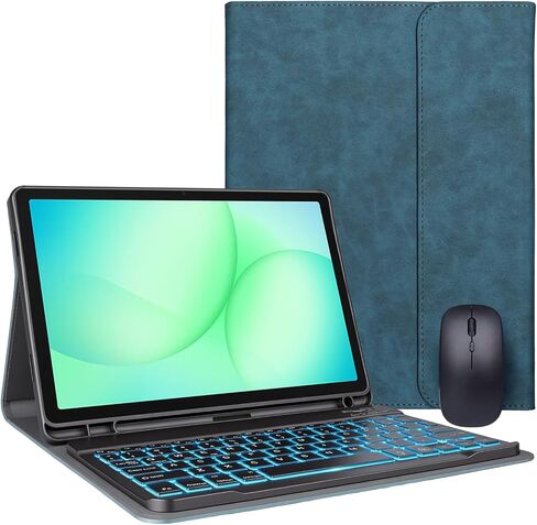 حافظة لجهاز Galaxy Tab A11 Plus مع لوحة مفاتيح وGalaxy Tab A9 Plus 10.9 بوصة وماوس و7 ألوان قوس قزح بإضاءة خلفية ولوحة مفاتيح مغناطيسية، غطاء جلد PU مع حامل أقلام لجهاز Galaxy A11+/A9+، أخضر in Saudi Arabia