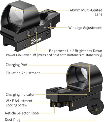 CVLIFE FoxSpook Rechargeable Multiple Reticle Green Dot Sight, 40mm (1.6") Large Lens Open Reflex Sight for Astigmatism, Optic Scope for 21mm Picatinny Rail, Lower 1/3 Co-Witness in Saudi Arabia