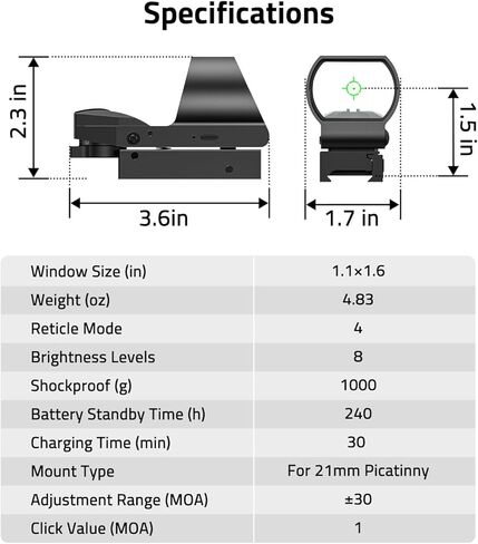 CVLIFE FoxSpook Rechargeable Multiple Reticle Green Dot Sight, 40mm (1.6") Large Lens Open Reflex Sight for Astigmatism, Optic Scope for 21mm Picatinny Rail, Lower 1/3 Co-Witness in Saudi Arabia