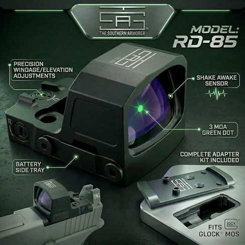 TSA® Micro Reflex Sight 3 MOA Green Dot - RMSc/K Footprint، Shake Awake، علبة البطارية الجانبية، لوحة المحول متضمنة in Kuwait