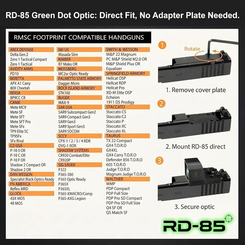 TSA® Micro Reflex Sight 3 MOA Green Dot - RMSc/K Footprint، Shake Awake، علبة البطارية الجانبية، لوحة المحول متضمنة in Kuwait