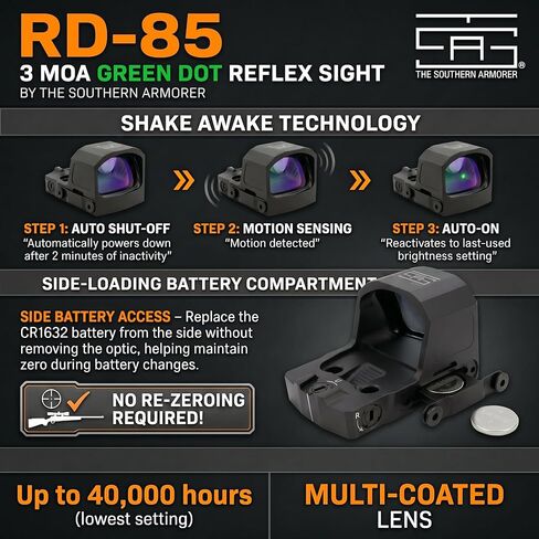 TSA® Micro Reflex Sight 3 MOA Green Dot - RMSc/K Footprint، Shake Awake، علبة البطارية الجانبية، لوحة المحول متضمنة in Kuwait