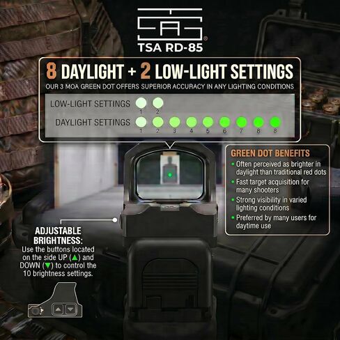 TSA® Micro Reflex Sight 3 MOA Green Dot - RMSc/K Footprint، Shake Awake، علبة البطارية الجانبية، لوحة المحول متضمنة in Kuwait