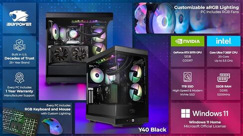 كمبيوتر مكتبي iBUYPOWER Y40 للألعاب Intel Core Ultra 7 265F CPU، NVIDIA RTX 5070 12GB GPU، 32GB DDR5 Non-RGB 5200MHz RAM، 1TB NVMe SSD، Windows 11 Home، لوحة مفاتيح وماوس Gamer-Y40BI7N5701 in Saudi Arabia