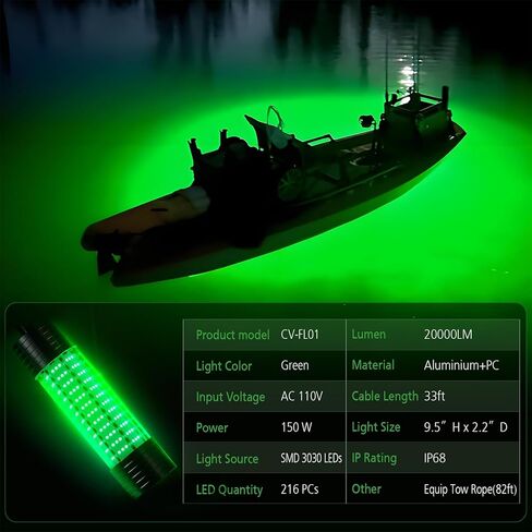 150W 20000LM Green Underwater Fishing Light,Submersible LED Light with Tow Rope for Dock Boat Shore Night Fishing,Fresh & Salt Water Fish Attractor Light 33ft Cable in Saudi Arabia