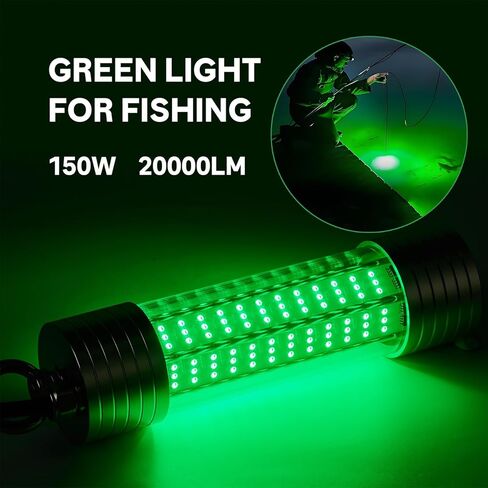 150W 20000LM Green Underwater Fishing Light,Submersible LED Light with Tow Rope for Dock Boat Shore Night Fishing,Fresh & Salt Water Fish Attractor Light 33ft Cable in Saudi Arabia