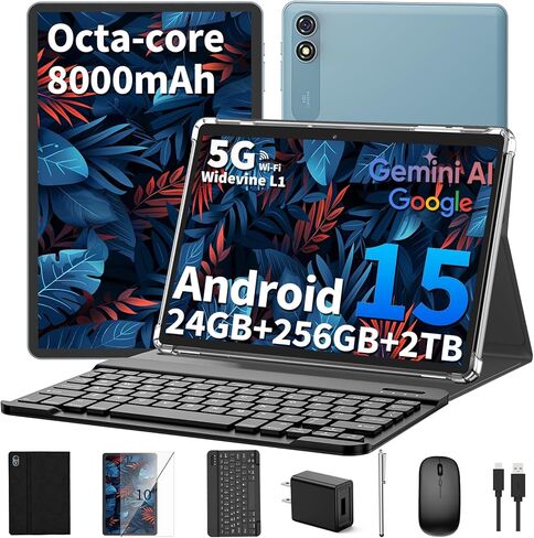 جهاز لوحي Android 15 مقاس 10 بوصة، 2026 مع لوحة مفاتيح، 24 جيجابايت + 256 جيجابايت + 2 تيرابايت، أجهزة لوحية 2 في 1 مع 8 النواة، 5G WiFi، 8000 مللي أمبير، BT5.0، GMS، GPS، Gemini AI، أجهزة لوحية مع ماوس، حافظة، قلم (أسود) in Kuwait