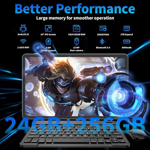 جهاز لوحي Android 15 مقاس 10 بوصة، 2026 مع لوحة مفاتيح، 24 جيجابايت + 256 جيجابايت + 2 تيرابايت، أجهزة لوحية 2 في 1 مع 8 النواة، 5G WiFi، 8000 مللي أمبير، BT5.0، GMS، GPS، Gemini AI، أجهزة لوحية مع ماوس، حافظة، قلم (أسود) in Kuwait