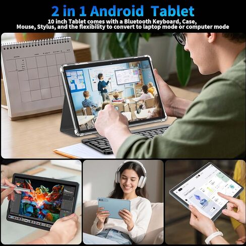 جهاز لوحي Android 15 مقاس 10 بوصة، 2026 مع لوحة مفاتيح، 24 جيجابايت + 256 جيجابايت + 2 تيرابايت، أجهزة لوحية 2 في 1 مع 8 النواة، 5G WiFi، 8000 مللي أمبير، BT5.0، GMS، GPS، Gemini AI، أجهزة لوحية مع ماوس، حافظة، قلم (أسود) in Kuwait