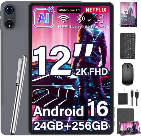 تابلت مطور مقاس 12 بوصة، تابلت Android 16 مع حزمة لوحة المفاتيح، 24 جيجابايت + 256 جيجابايت + 2 تيرابايت، كمبيوتر لوحي 2K Gemini AI مع ثماني النواة، 8000 مللي أمبير، 16 + 8 ميجابكسل، 2 في 1 أجهزة لوحية كبيرة مع حافظة، ماوس، قلم (أسود) in Kuwait
