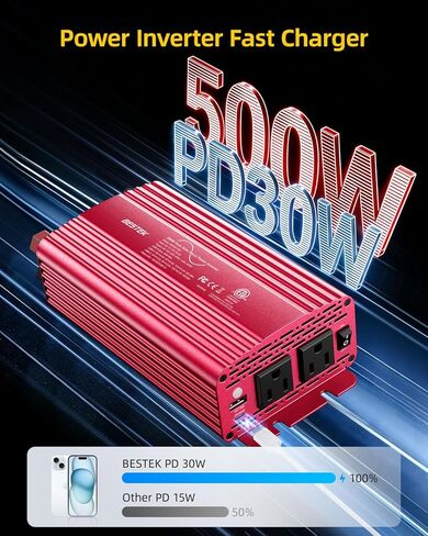 Bestek 500W Pure Sine Wave Power Inverter with PD30W & QC18W, Inverter DC 12V to AC 110V for Solar, RV, Truck, Outdoor Power Inverter with Dual AC to Camping, Road Trips in Saudi Arabia