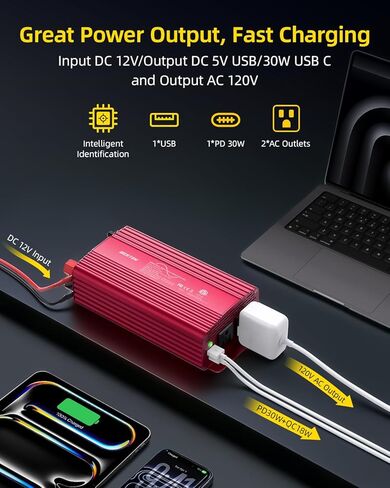 Bestek 500W Pure Sine Wave Power Inverter with PD30W & QC18W, Inverter DC 12V to AC 110V for Solar, RV, Truck, Outdoor Power Inverter with Dual AC to Camping, Road Trips in Saudi Arabia