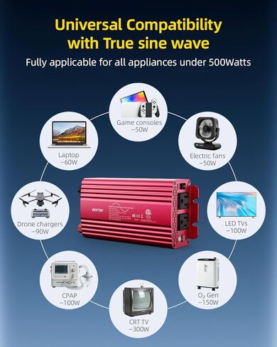 Bestek 500W Pure Sine Wave Power Inverter with PD30W & QC18W, Inverter DC 12V to AC 110V for Solar, RV, Truck, Outdoor Power Inverter with Dual AC to Camping, Road Trips in Saudi Arabia