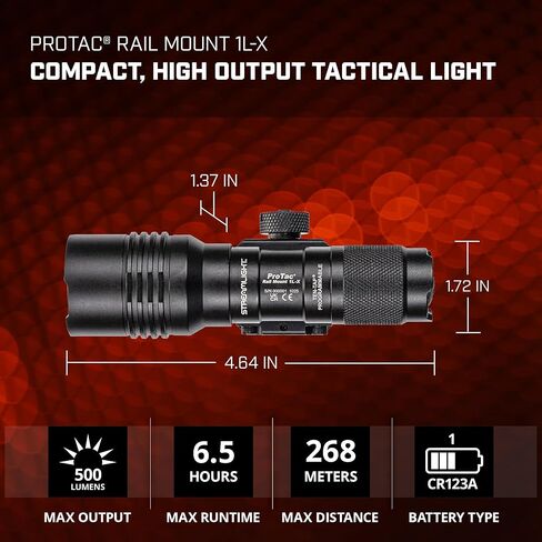 Streamlight 89026 ProTac Rail Mount 1L-X 500-Lumen 18,000-Candela Rechargeable Capable Weapon Light with Non-Rechargeable Batteries, Picatinny and M-LOK Compatible, Black in Saudi Arabia