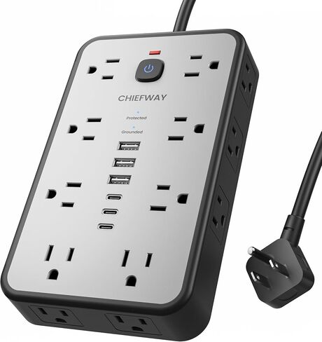 Surge Protector Power Strip, 6Ft Flat Plug Extension Cord with 6 USB Ports (3 USB C), 16 Widely Spaced Outlets, 4-Sided Outlet Extender, 2400J, 1875W/15A for Home Office Dorm Room Gaming in Saudi Arabia