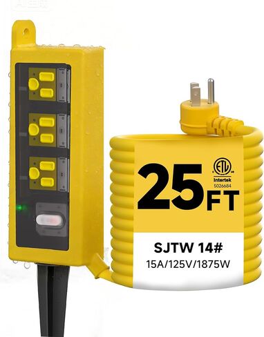 سلك تمديد خارجي، 3 منافذ واسعة، 1875 وات/15 أمبير، شريط طاقة SJTW شديد التحمل 25FT 14AWG مع واقي من التيار الزائد، مقاوم للماء في جميع الأحوال الجوية وIP66، مثالي للفناء الخلفي، الفناء، الحديقة، حمام السباحة، المرآب in Kuwait