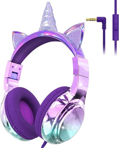 QearFun Kids Cat Ear Headphones with Cord with Mic, 85/94dB Volume Limit | sparkly foldable headset, sharing port, tangle-free cord, Kids Wired Headphones for school, tablet, travel, boys and girls in Saudi Arabia