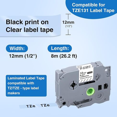 شريط بديل متوافق مع TZE-131 لشريط Brother TZe-131 TZ-131 المصفح P Touch، أسود على شفاف، لـ PT-D200 PT-D210 PTH100 PT-D400، 0.47 بوصة × 26.2 بوصة (12 مم × 8 م)، 4 عبوات in Kuwait