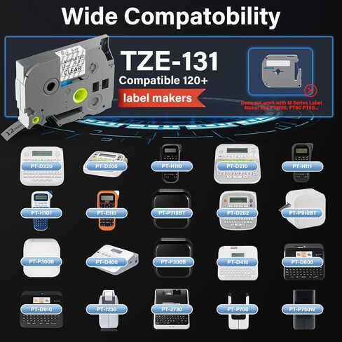 TZE-131 متوافق مع شريط Brother Clear Label Maker 12 مم 0.47 بديل مصفح لشريط TZ TZE TZE131 1/2 بوصة 8 متر لـ P-Touch PT-D220 PTD220 PT-D210 PT-H110 PT-D200 PT-D400 أسود على شفاف (6 عبوات) in Kuwait