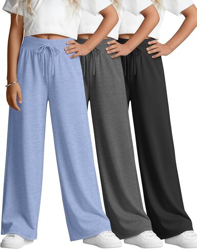 3 Pack Girl's Wide Leg Sweatpants Open Bottom Joggers with Drawstring Casual Baggy Sweat Pants 5-14 Years in Saudi Arabia