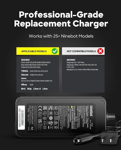 Original 42V 1.7A Replacement Battery Charger for Segway Ninebot, Compatible with G30LP ES1 ES2 ES3 ES4 F2 Plus F2 Pro E2 Pro F30 F40 E22 E25 D38 - Universal Power Adapter for Xiaomi M365 Bird Lime in Saudi Arabia