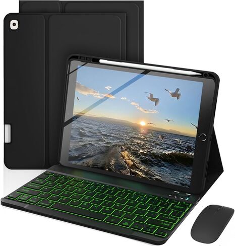 حافظة لوحة مفاتيح لجهاز iPad 10.2 بوصة الجيل التاسع / الثامن / السابع والجيل الثالث Air 10.5 بوصة، ماوس و7 ألوان لوحة مفاتيح قابلة للفصل بإضاءة خلفية، حامل قابل للتعديل مدمج في حامل أقلام الرصاص، نوم/تنبيه تلقائي، أسود in Kuwait