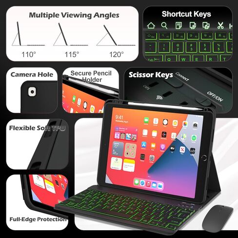 حافظة لوحة مفاتيح لجهاز iPad 10.2 بوصة الجيل التاسع / الثامن / السابع والجيل الثالث Air 10.5 بوصة، ماوس و7 ألوان لوحة مفاتيح قابلة للفصل بإضاءة خلفية، حامل قابل للتعديل مدمج في حامل أقلام الرصاص، نوم/تنبيه تلقائي، أسود in Kuwait