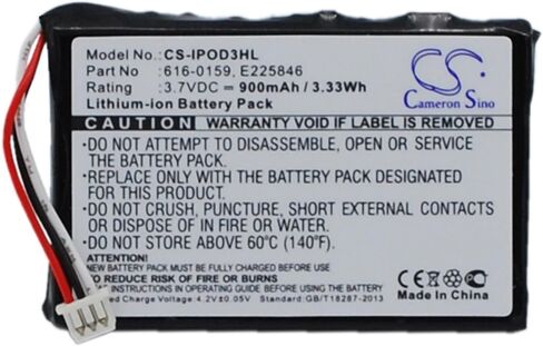 Cameron Sino Battery for iPod 10GB M8976LL/A, iPod 15GB M9460LL/A, iPod 20GB M9244LL/A, iPod 30GB M8948LL/A, iPod 3th Generation, iPod 40GB M9245LL/A PN: 616-0159, E225846 900mAh / 3.33Wh in Saudi Arabia