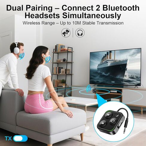 2026 Pro Bluetooth Transmitter & Receiver, 2-in-1 Wireless Adapter for Airplane/TV/PC/Gym - Dual Link Headphone, Low Latency, Battery Display, Built-in Mic, 30H Playtime, Aviation Metal Frame in Saudi Arabia