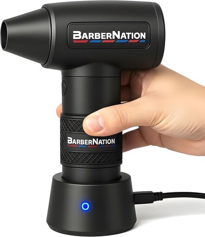 منفضة هواء لاسلكية للحلاقين - BarberNation TurboJet 3.0 FadeBlaster، منفاخ شعر عالي الطاقة، حامل شحن، 4 إعدادات للسرعة، أداة حلاق معدنية احترافية بالكامل (أسود) in Saudi Arabia