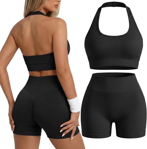 Coume Womens 2 Piece Workout Set Halter Sports Bra Booty High Waisted Biker Shorts Seamless Ribbed Yoga Gym Active Outfits in Saudi Arabia