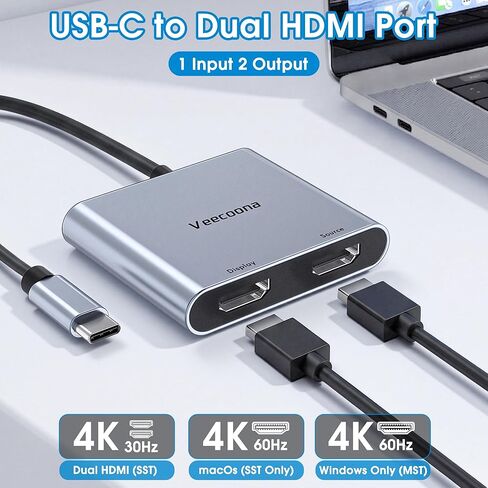 محول USB C إلى HDMI مزدوج | شاشة عرض ممتدة لفاصل HDMI 4K@60 هرتز للشاشات المزدوجة، محول من النوع C لنظام التشغيل Windows/macOS، يسمح Windows بـ 3 شاشات منفصلة، ​​وضع MST (شاشات ممتدة) فقط لنظام التشغيل Win OS] in Kuwait