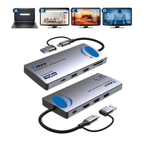 OREI SPLITEXTEND المحمول محطة إرساء محطة 4K Triple Monter - 2x USB 3.0 ، 1x Type -C ، قارئ بطاقة SD - محول USB -C إلى شاشة HDMI 2.0 الموسعة ، مخرجات 4K@30Hz - 100W PD in Kuwait