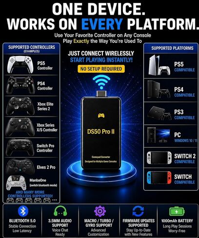 Besavior DS50 Pro 2 Converter Bluetooth Adapter Emulator for PS5/PS4/PS3/PC/Switch2/Switch Game - Compatible with PS5/PS4/Manba One/Elite2/Xbox Series S/Xbox Series X/Switch Pro Controller in Saudi Arabia