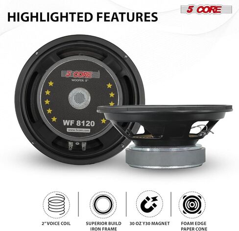 5 Core 8 Inch Subwoofer Pair 500 Watt Car Sub Woofer Speaker 4 OHM W SUPWOOFORS SUPWOOFERS SUPWOOFERS Auto Truck - WF 8 "-890 2PC in Kuwait