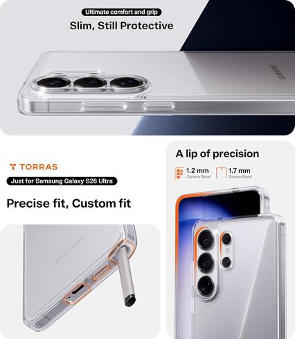 حافظة TORRAS لهاتف Samsung Galaxy S26 Ultra شفافة، [2026 مطورة غير صفراء] [حماية من الدرجة العسكرية 12FT] حافظة شفافة رفيعة لهاتف Samsung S26 Ultra رفيعة، شفافة ماسية، صلبة، 6.9 بوصة in Saudi Arabia
