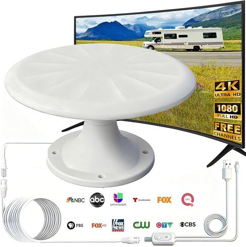RV Antenna Roof Mounted Outdoor, RV TV Antenna for Camper, 720° Long Range Omni Directional Reception Digital HD TV Signal, with Super Signal Booster, 35ft HDTV Cable (White-421) in Saudi Arabia