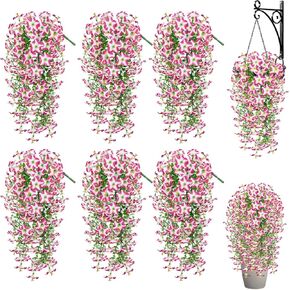 Artificial Flowers for Outdoors, 6PCS Fake Artificial Morning Glory Flowers, UV Resistant Hanging Morning Glory Vine, Realistic Faux Flower for Spring Garden Porches Home Decor (Purple + Fuchsia) in Saudi Arabia