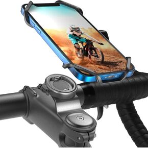 Bike Stem Phone Mount with Shockproof Silicone Grip – Quick-Lock Aluminum Out-Front Holder with Quad Safety Buckles & Elastic Strap, Fits 4.0"–6.7" Phones – Secure Fit for Road & Urban Rides in Saudi Arabia