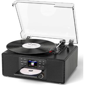Bluetooth Vinyl Record Player with CD & Internet Radio, 3-Speed Belt-Drive Turntable with USB Recording, AUX/RCA Output, Tone & Remote Control, Vintage Black Vinyl Player for Home Entertainment & Gift in Kuwait