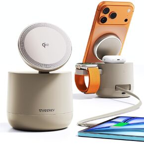 THREEKEY 4 in 1 Qi2 Magnetic Wireless Charging Station, 15W Fast Charger with Made for Apple Watch Charging Module, for iPhone 17–12 Series & AirPods, 65W Adapter Included in Kuwait