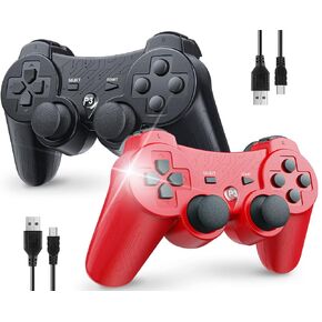 OKHAHA Controller for PS3 Controller Wireless for Sony Playstation 3 Controller, Double Shock 3, Rechargeable, Motion Sensor, Remote for PS3, 2 USB Charging Cords, 2 Pack, Stripes, Black + Red in Saudi Arabia