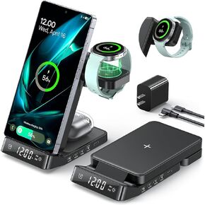 محطة شحن لاسلكية لساعة المنبه لأجهزة سامسونج، شاحن لاسلكي 3 في 1 قابل للطي لهاتف Galaxy S26 Ultra S25/Z Fold 7/6/Z Flip، حامل شاحن ساعة Galaxy لهاتف Galaxy Ultra/8/7، Buds in Kuwait