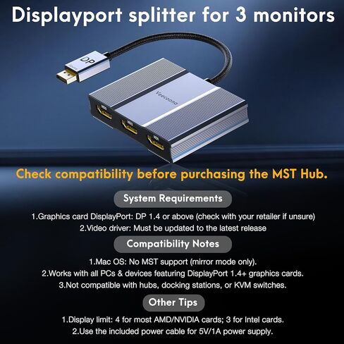 محول DisplayPort إلى HDMI 1 في 3 مخرج | 4K60 هرتز، مصدر DP إلى مقسم HDMI مقسم منفذ العرض الممتد لـ 3 شاشات، محور MST لسطح المكتب، والكمبيوتر المحمول، وNVIDIA، وبطاقة رسومات AMD - MACOS لا يدعم MST in Kuwait